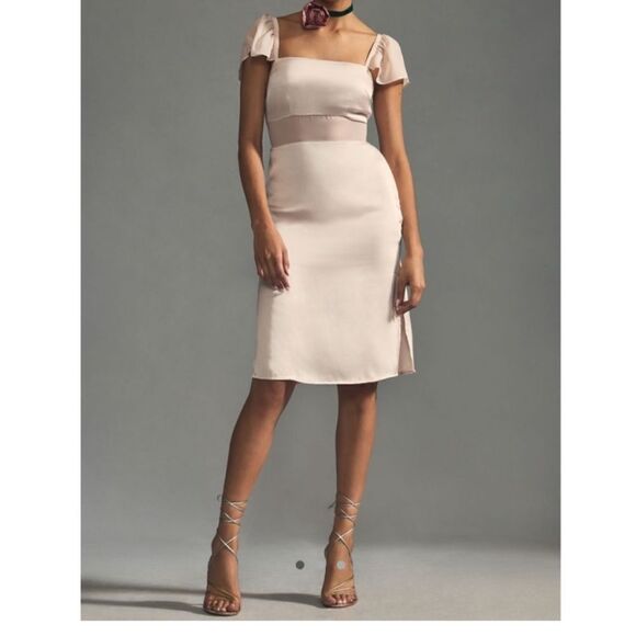 By Anthropologie Flutter-Sleeve Satin Sheath Mini Dress - Picture 1 of 10